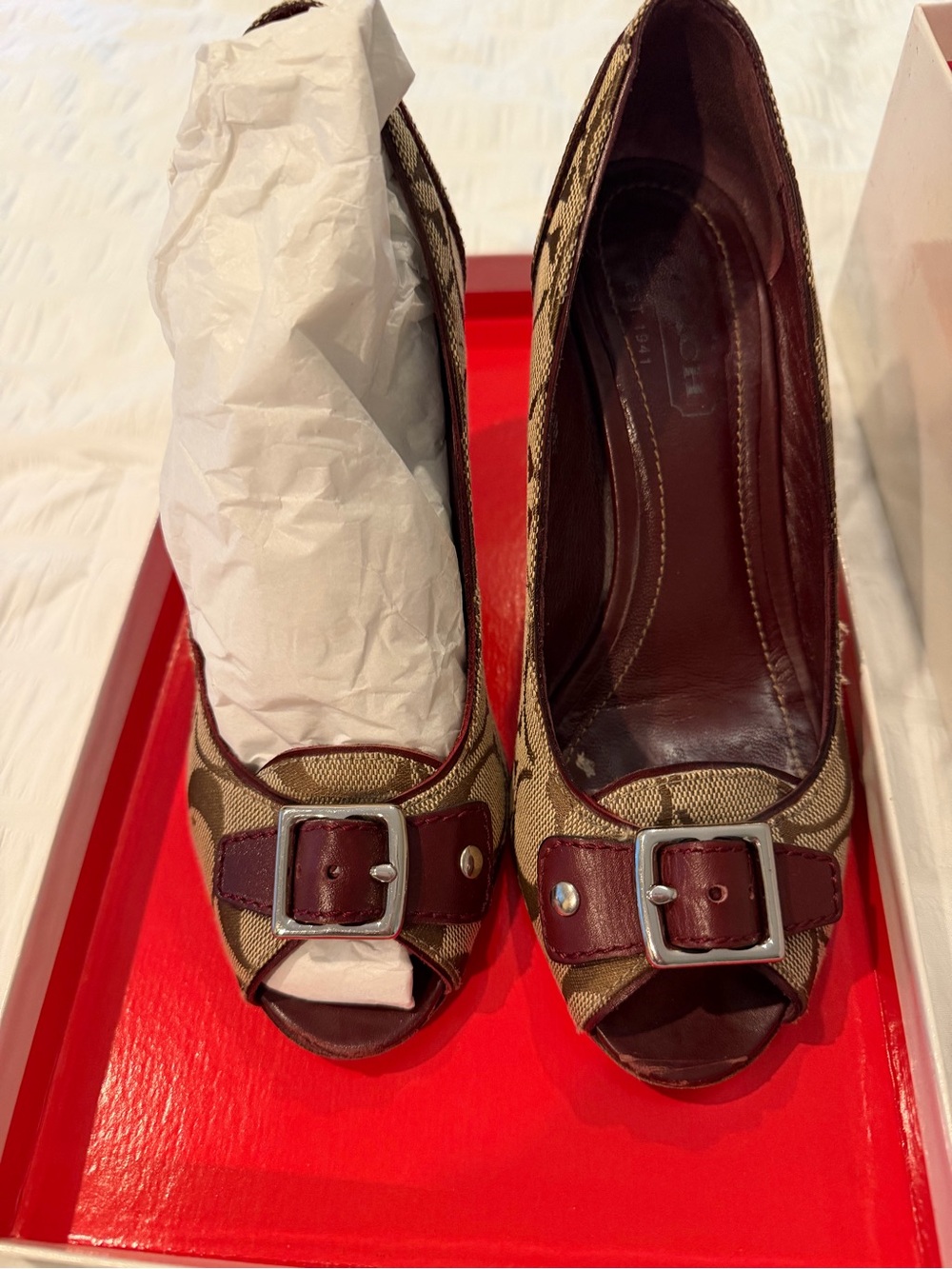 Coach Tan and Brown Peep-Toe Heels with Buckle Accent